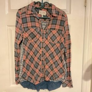 Pink plaid beaded button up blouse